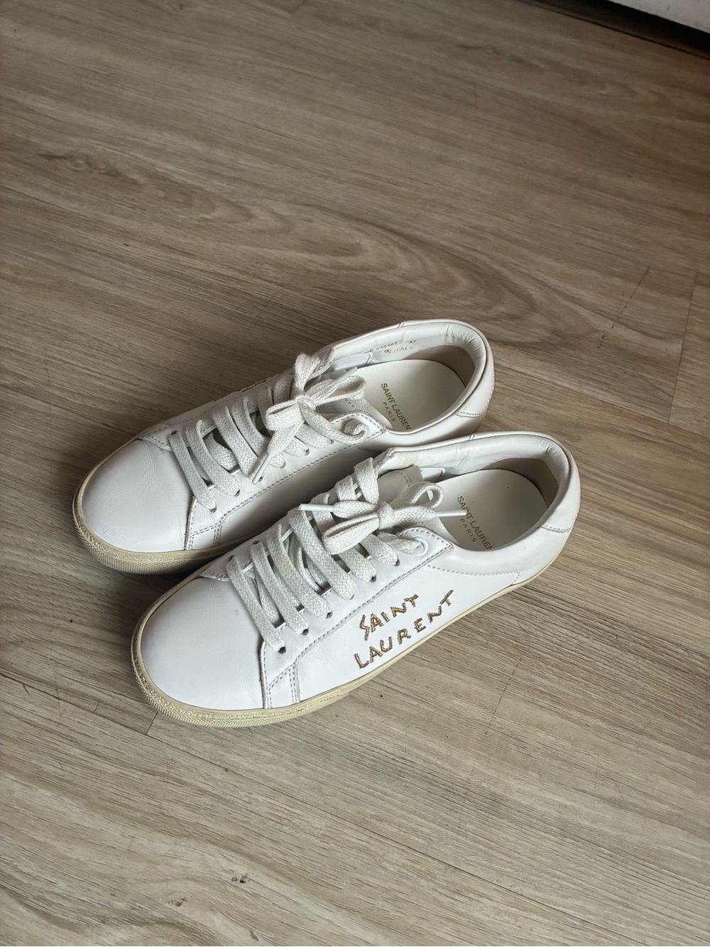 Saint Laurent Off-White Leather Low-Top Sneakers with Gold Insole Logo